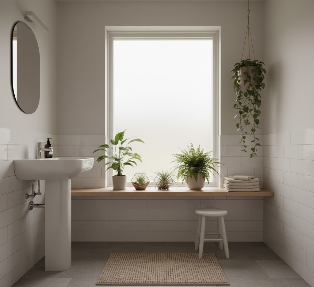 Plants in minimalist bathroom